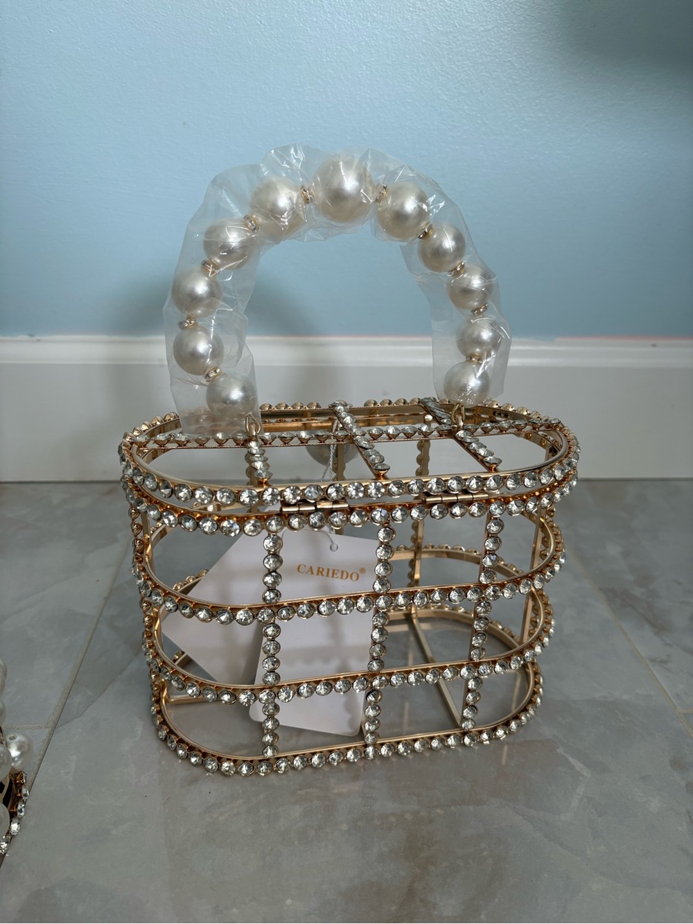 Gold Crystal Pearl Cage Handbag with Pearl Handle